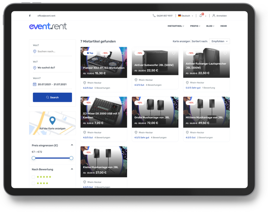 Ansicht verschiedener Mietartikel für Events auf event.rent